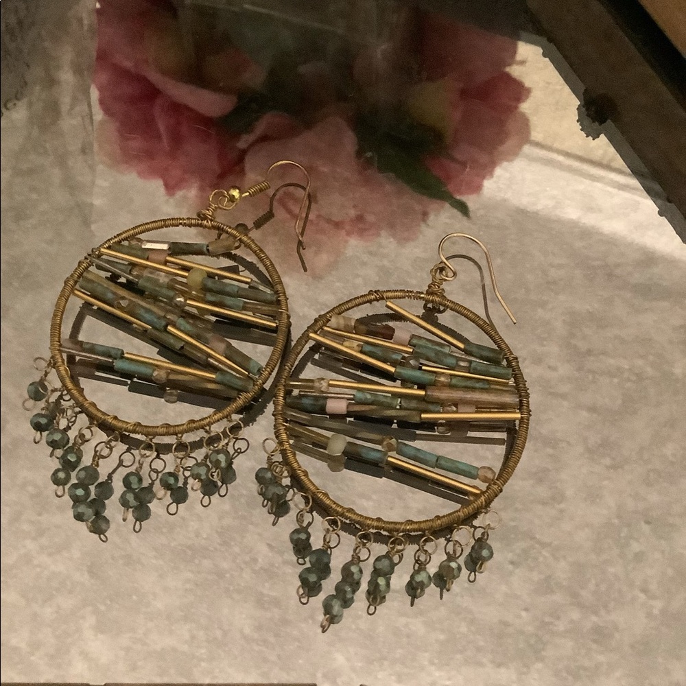 Anthropologie Stone Wire and Bead Circle Earrings